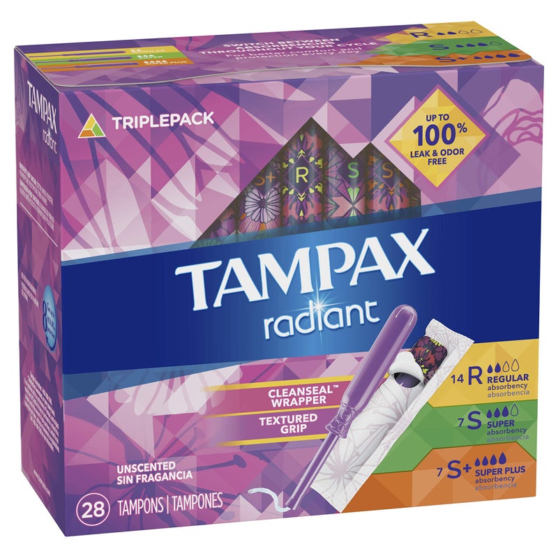 Tampax Radiant Tampons Trio Pack Regular/Super/Super Plus Absorbency, Unscented, 28 Count - Image 3